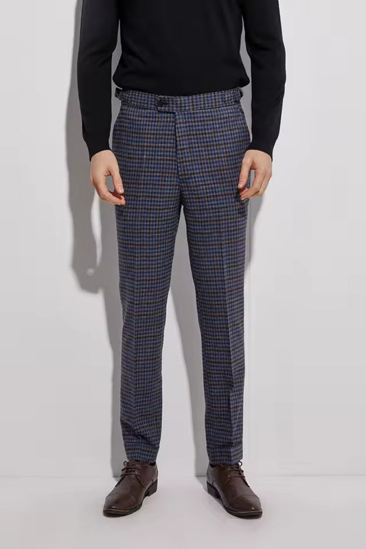 Dark Blue Plaid Flannel Trousers With Cuff