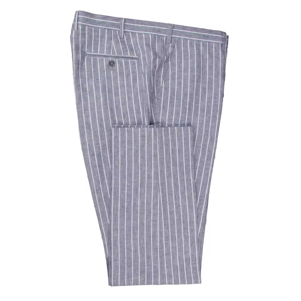 Denim-Blue Chalk Stripe Linen-Cotton Trousers
