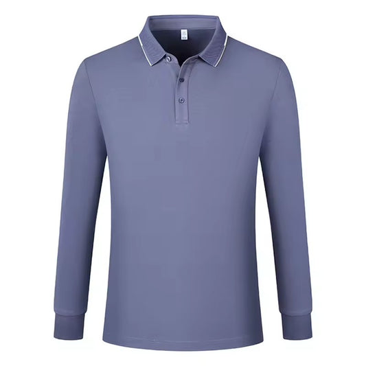 Navy Wool-Silk Cotton Long-Sleeve Polo