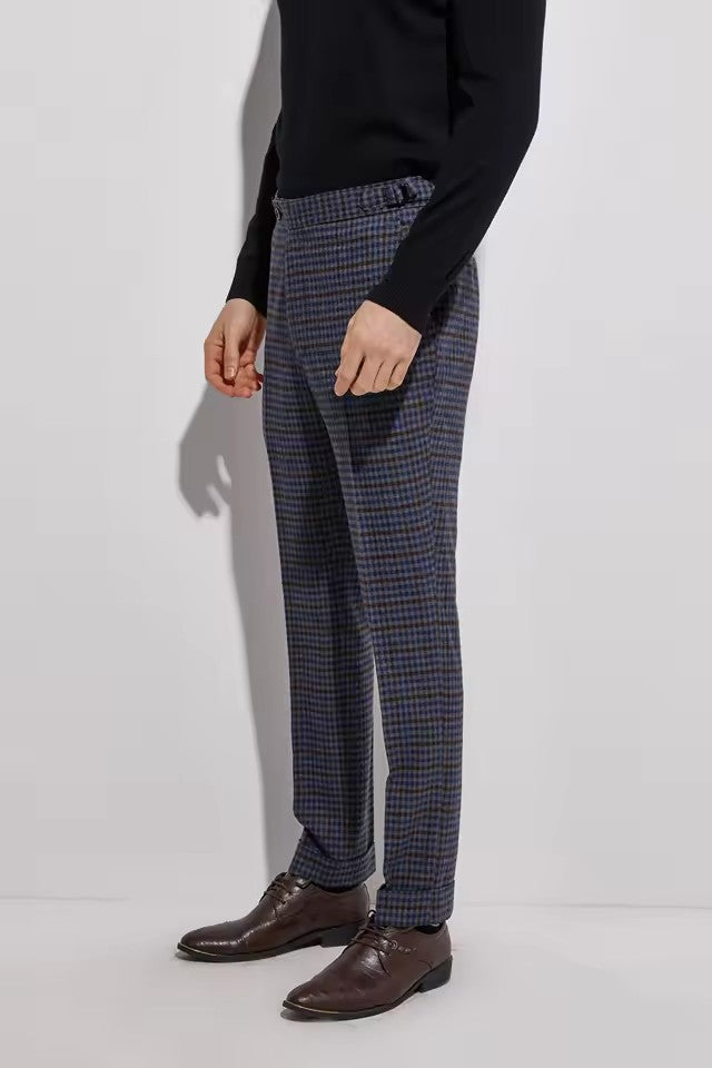 Dark Blue Plaid Flannel Trousers With Cuff — view 2