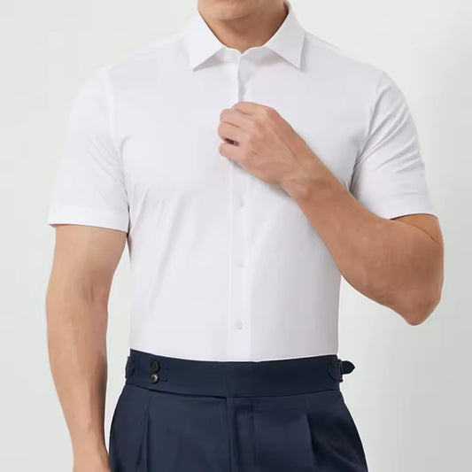 White Stretch Knit Short-Sleeve Business Shirt