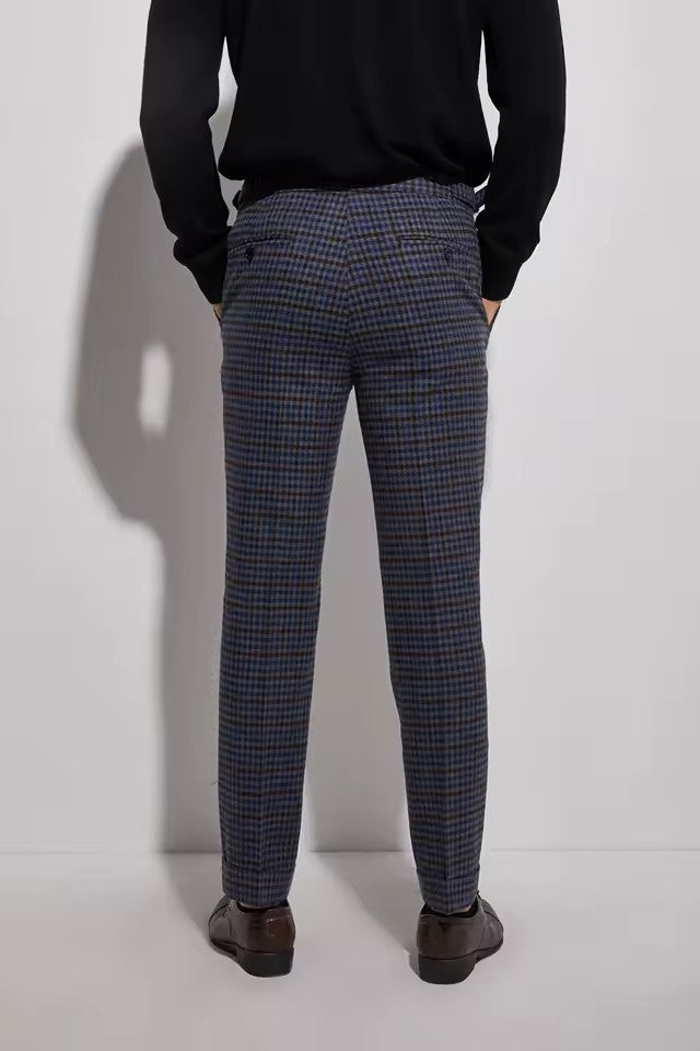 Dark Blue Plaid Flannel Trousers With Cuff — view 4