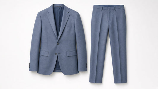 Light navy fresco summer suit — jacket and trousers flat lay